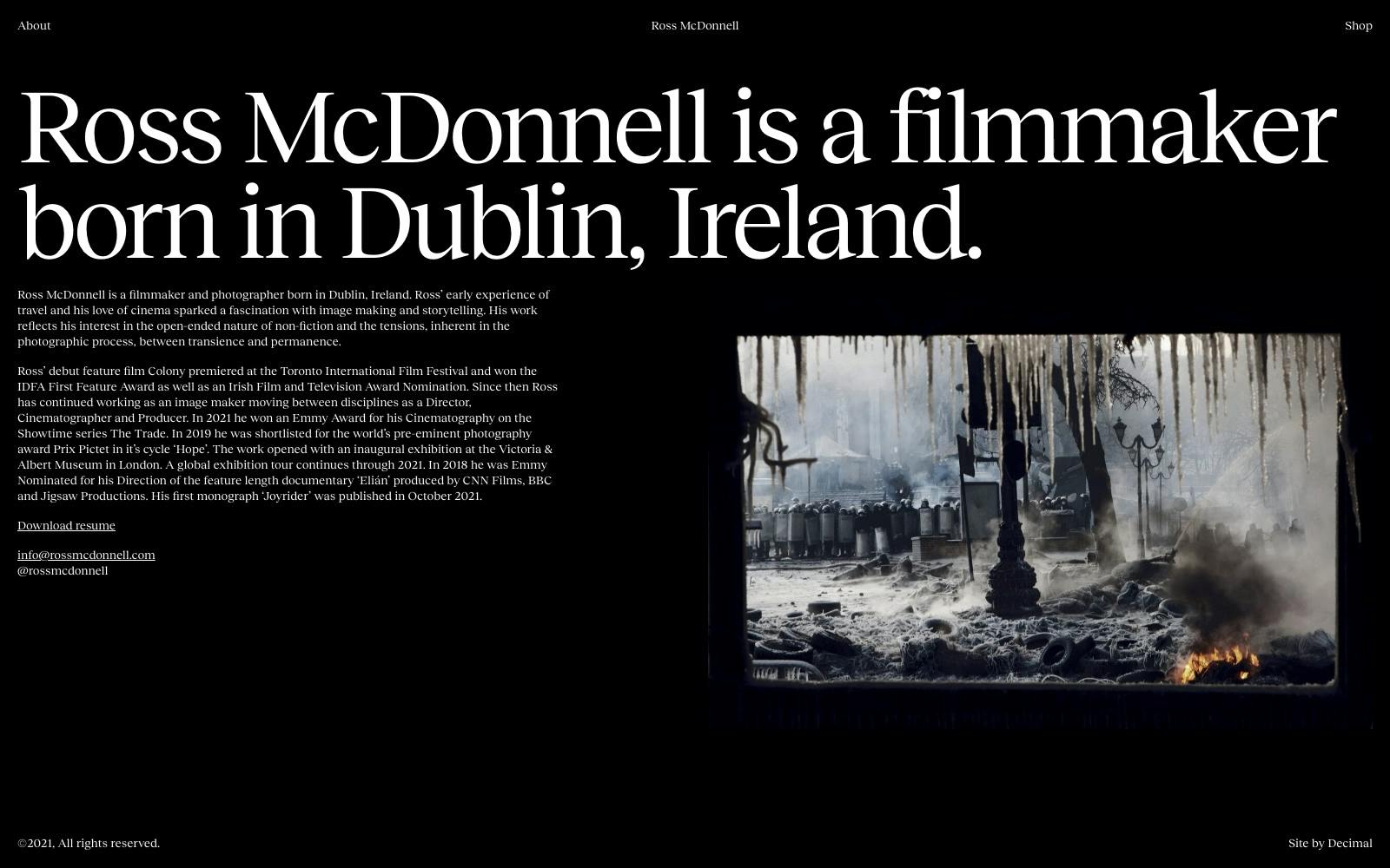 Screen recording of the about page of Ross McDonnells' new site.