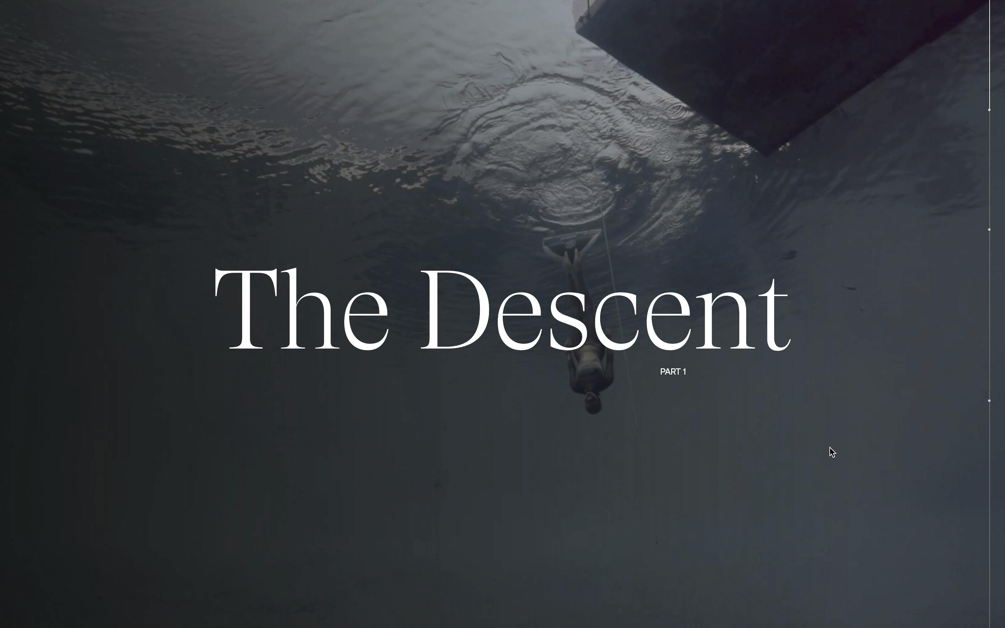 Screenshot of the first part, titled "The Descent," with a video of Alenka diving in the background.