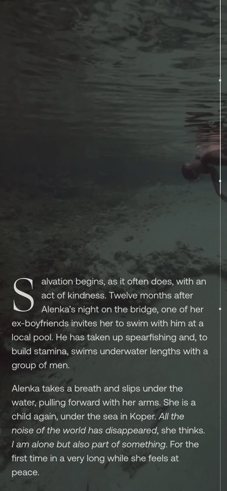 A screenshot of the mobile site, with text and a video of Alenka diving.