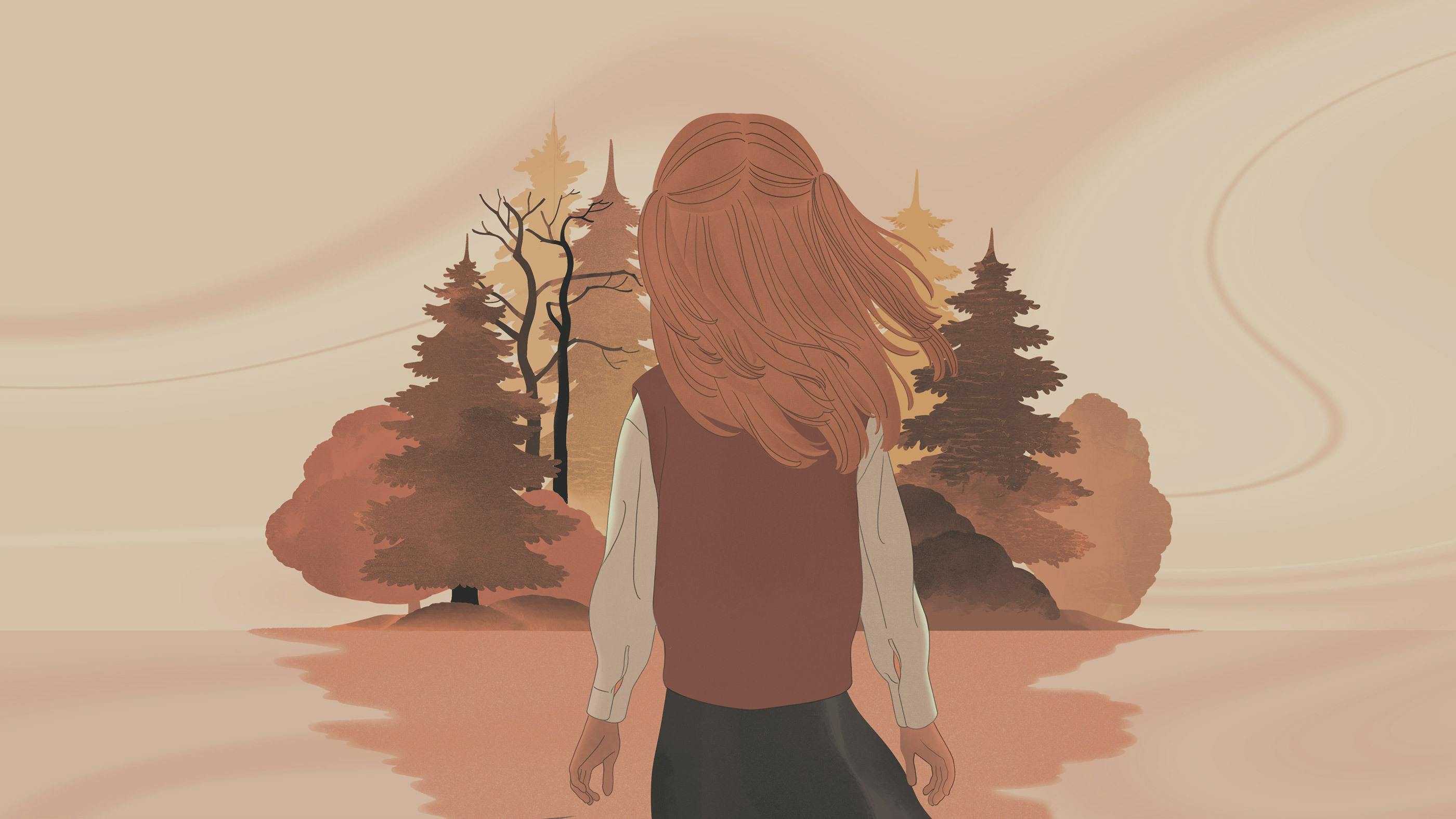 Girl walking towards a forest. illustration by Jun Cen of part 1, a bad feeling