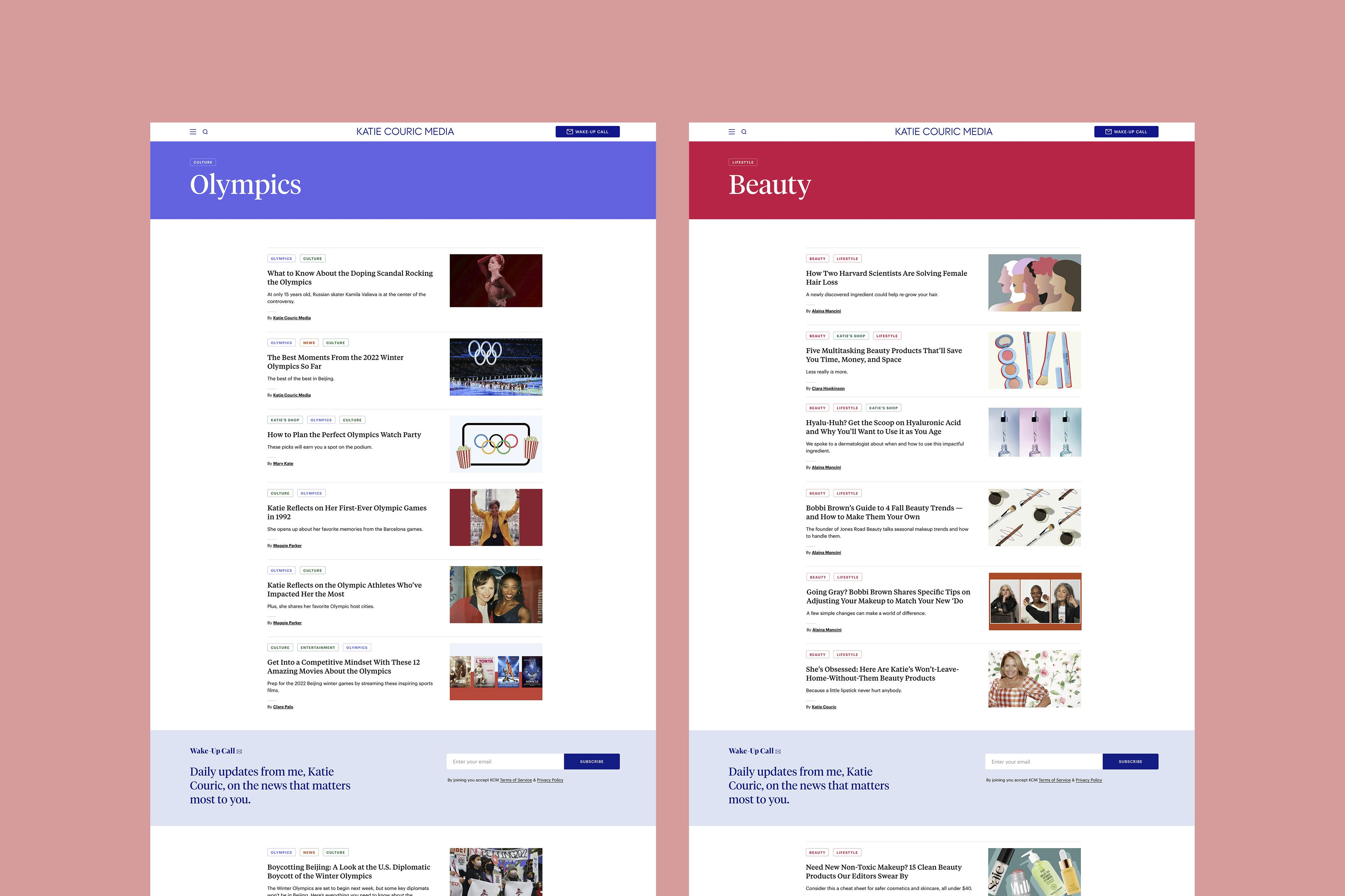 Side by side view of the Olympics and Beauty sub-category pages.