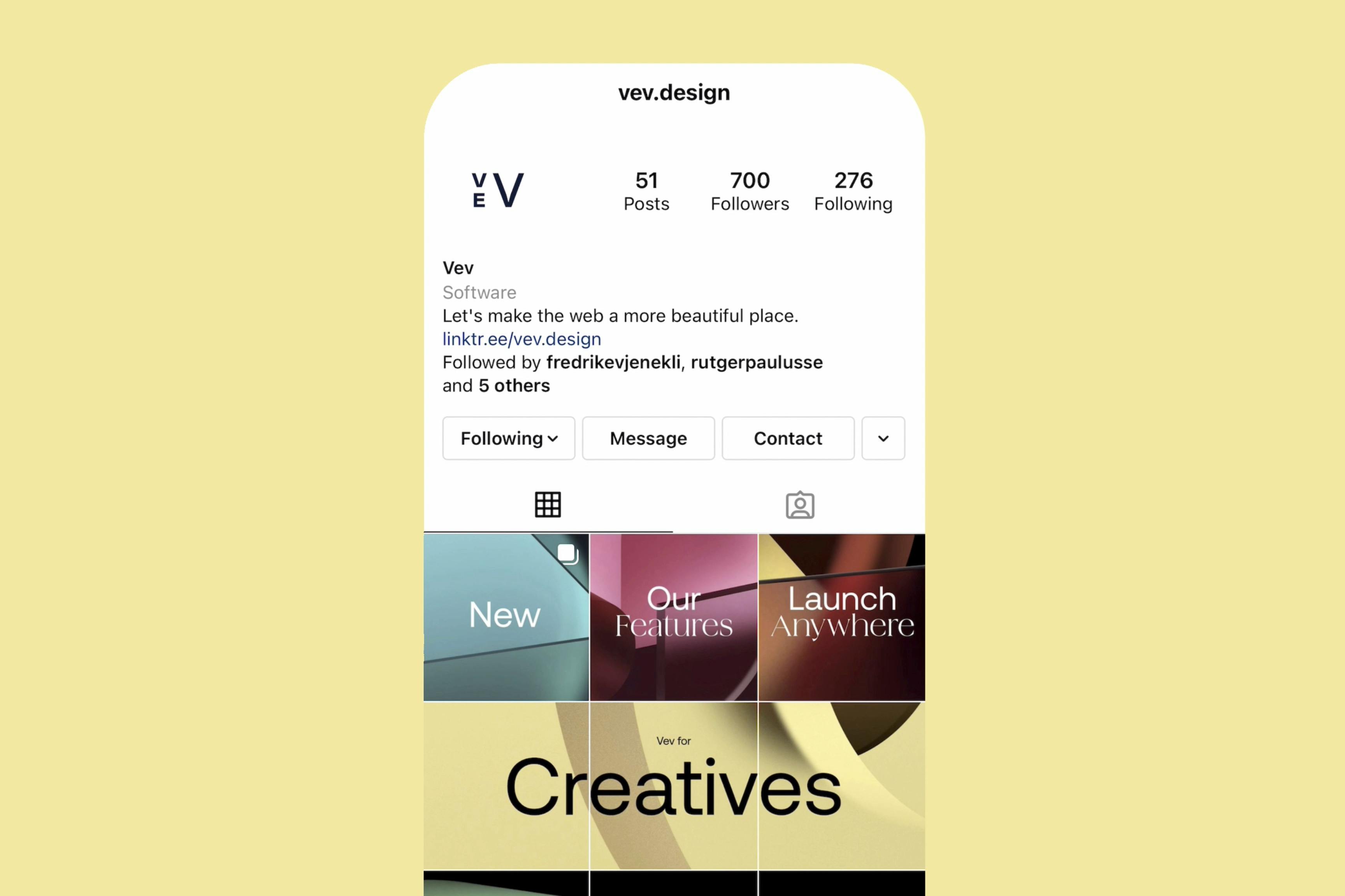 Screen recording of Vev's instagram account featuring the new branding.