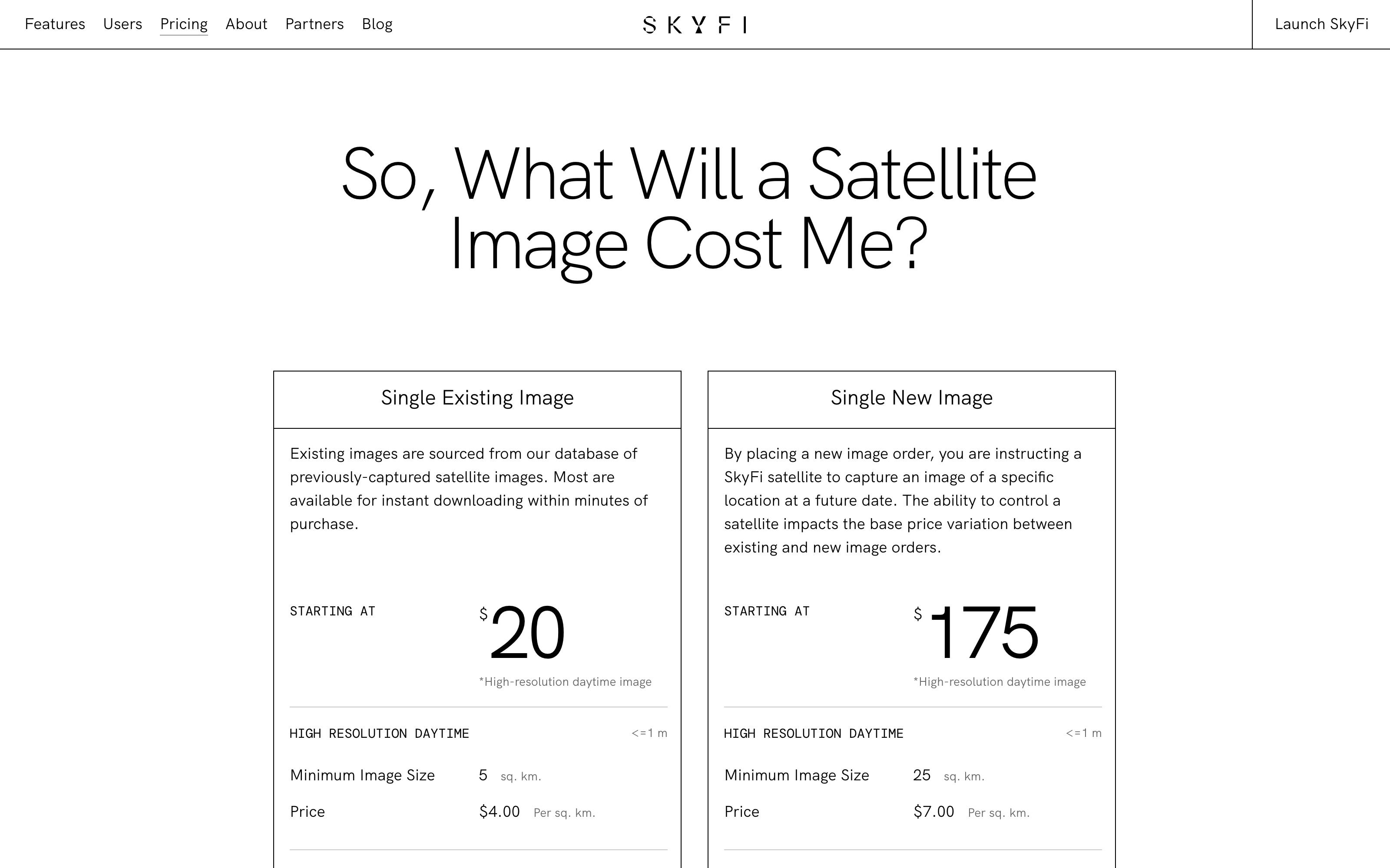 screenshot of skyfi's pricing page