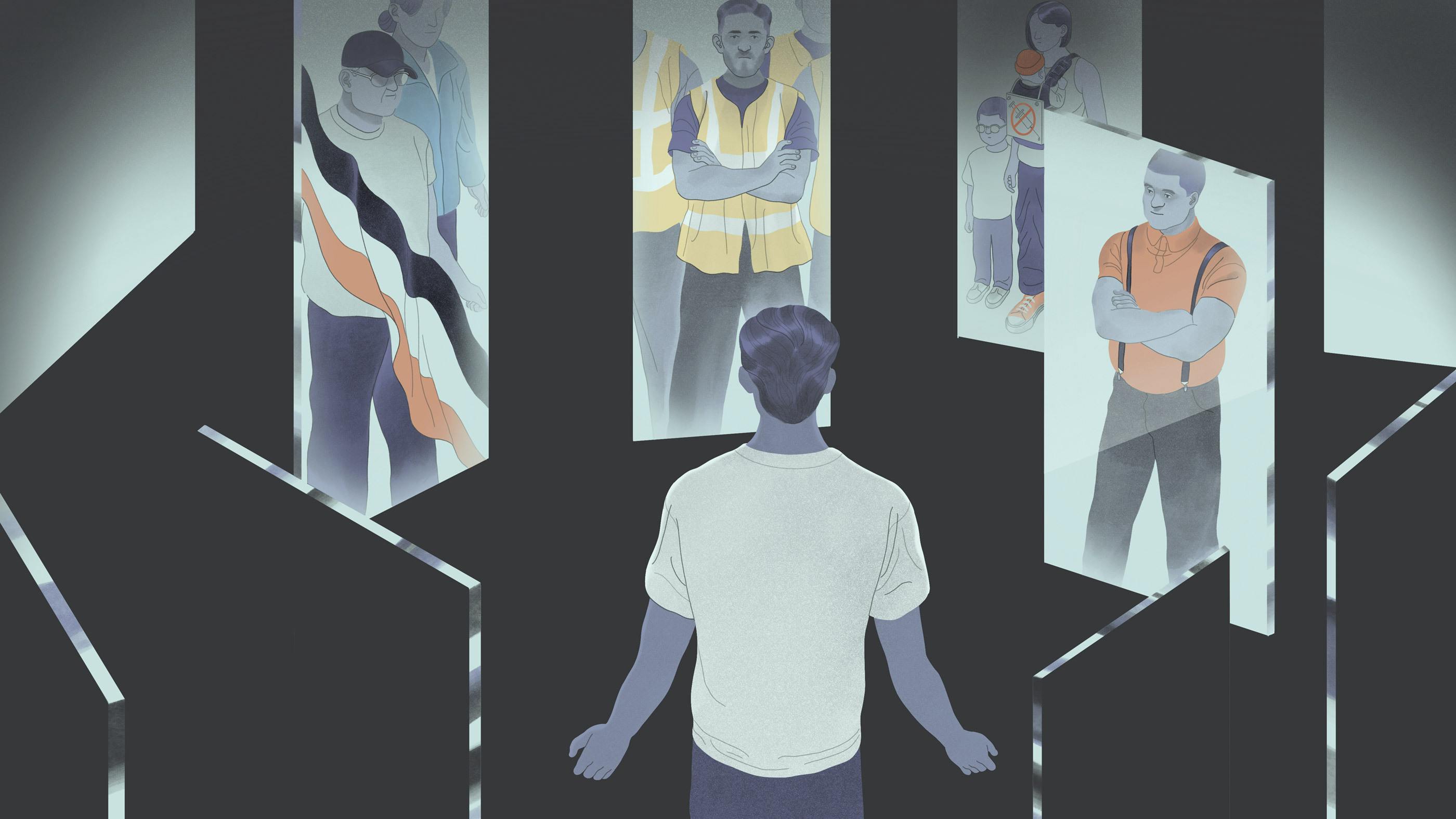 Man looking at mirrors with reflections of other people. Illustration by Jun Cen for part 4