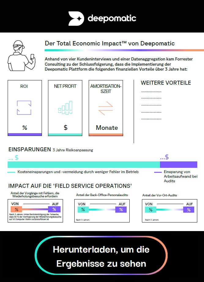 Infografik zum Total Economic Impact™ von Deepomatic, die den ROI unserer Plattform sowie die quantifizierten und nicht quantifizierten Vorteile enthüllt