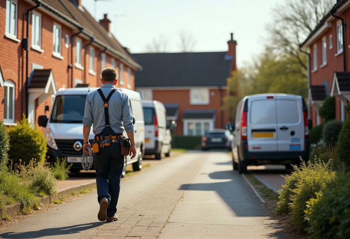 a fibre engineer walks in a neighborhood in the UK with a fibre cable in his hand