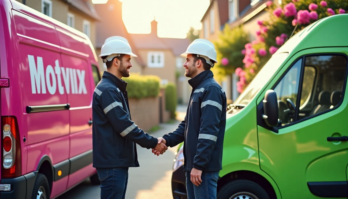 Two telecom technicians shaking hands