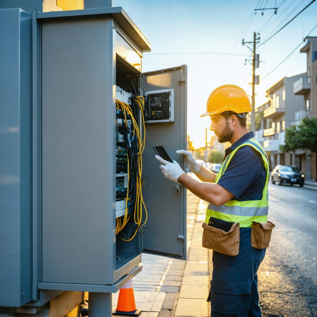 technician in front of a street cabinet