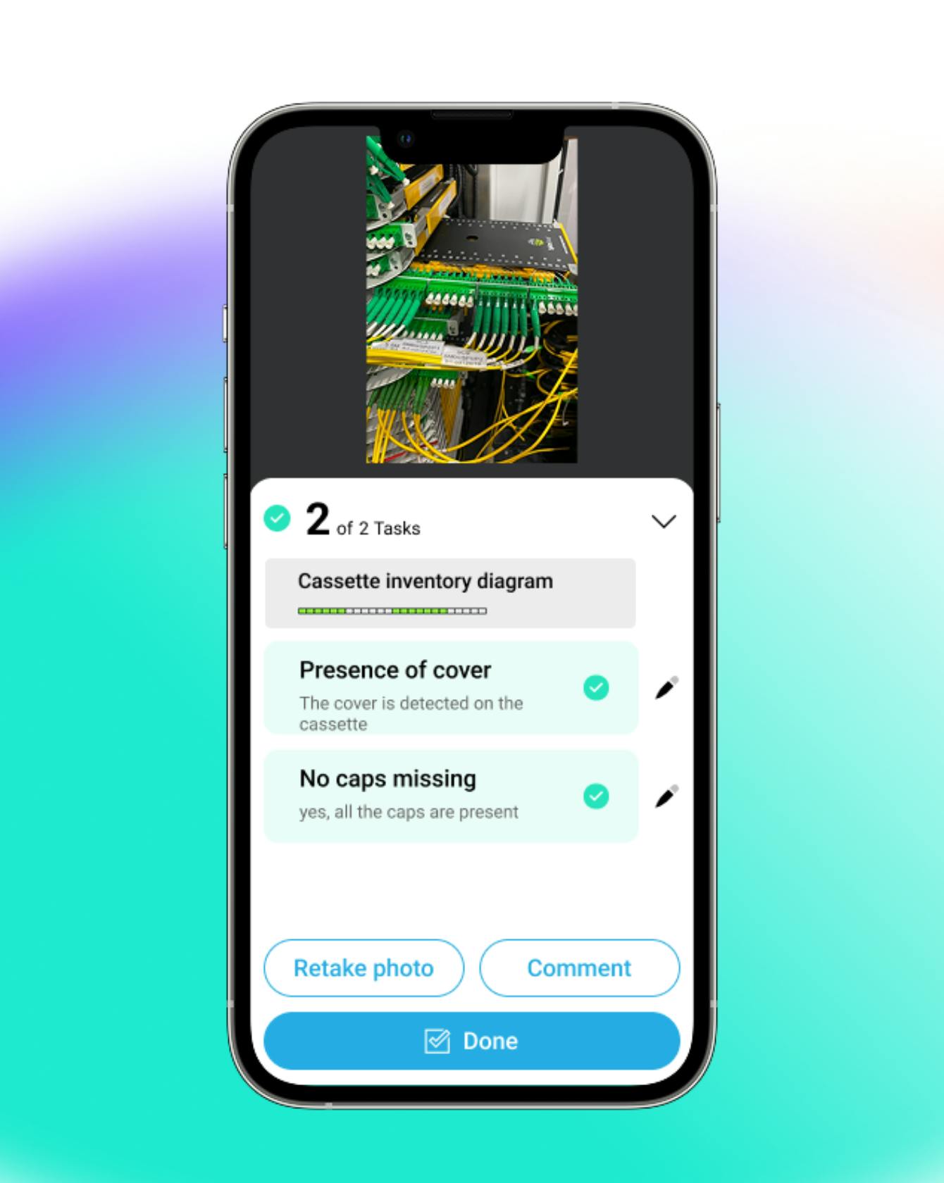 Deepomatic's mobile app with fiber cassette inventory diagram