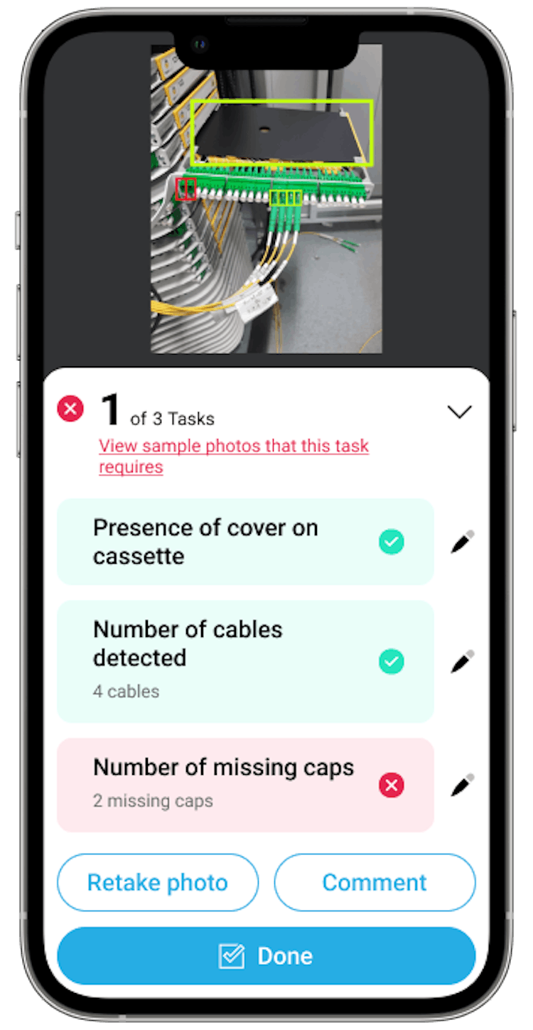 App mobile de Deepomatic montrant le contrôle qualité avec l'IA sur une cassette de CityFibre