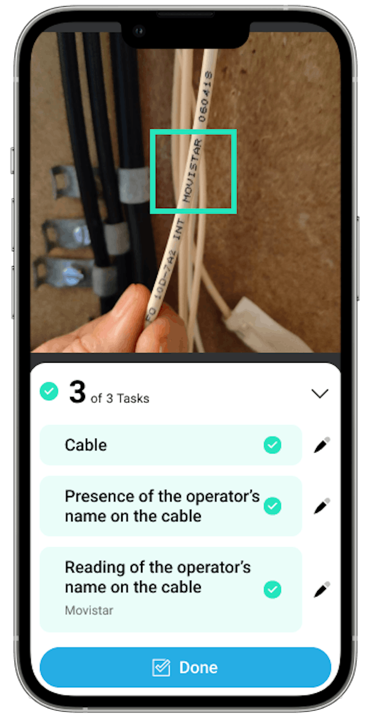 Deepomatic's mobile app showing AI quality control on the new fiber optic cable