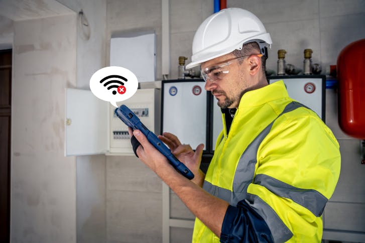A field technician using a tablet in an indoor setting. A Wi-Fi icon crossed out indicates there is no internet connectivity.