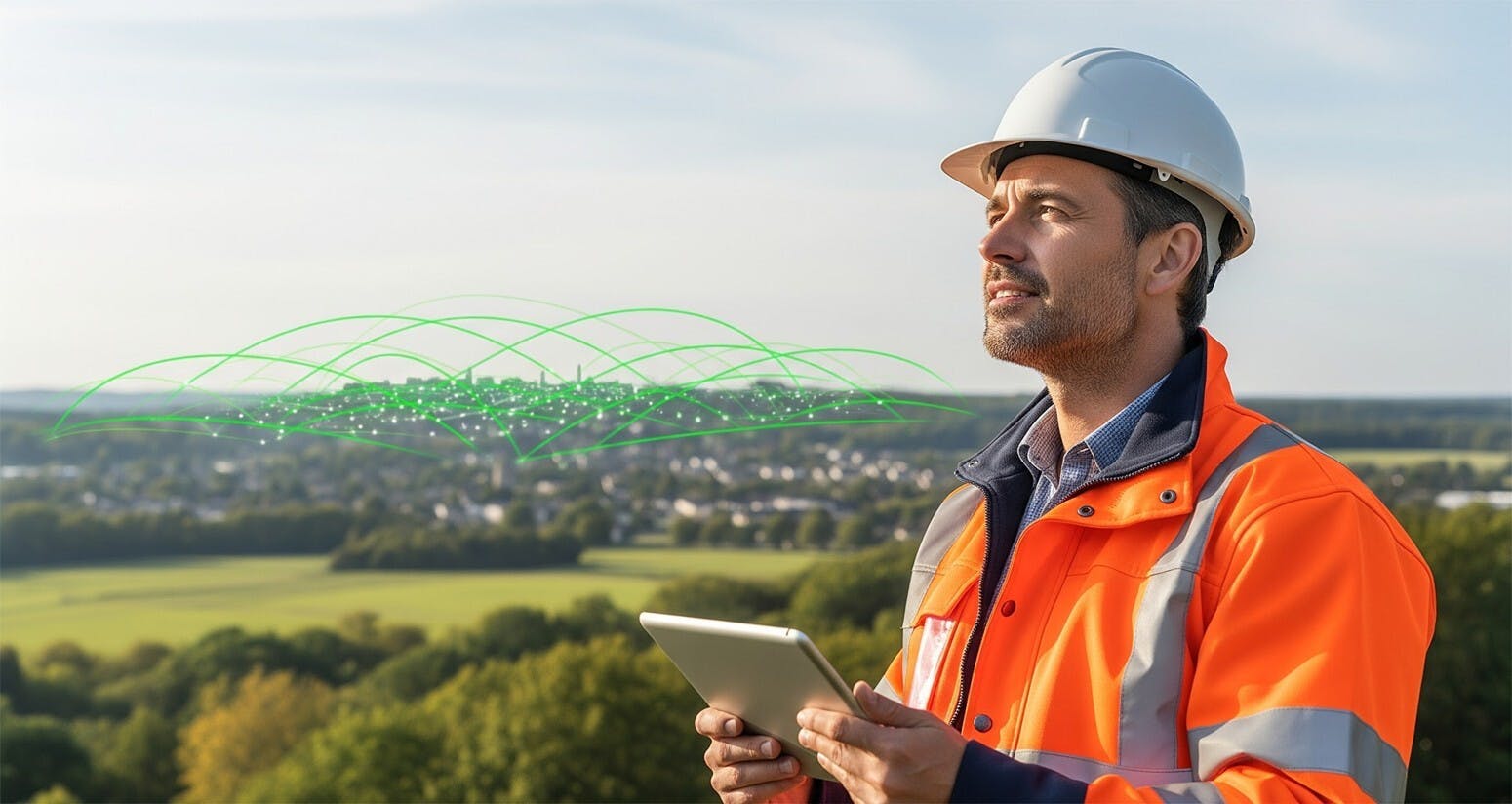 Un technicien utilise une tablette, avec une ville connectée en arrière-plan