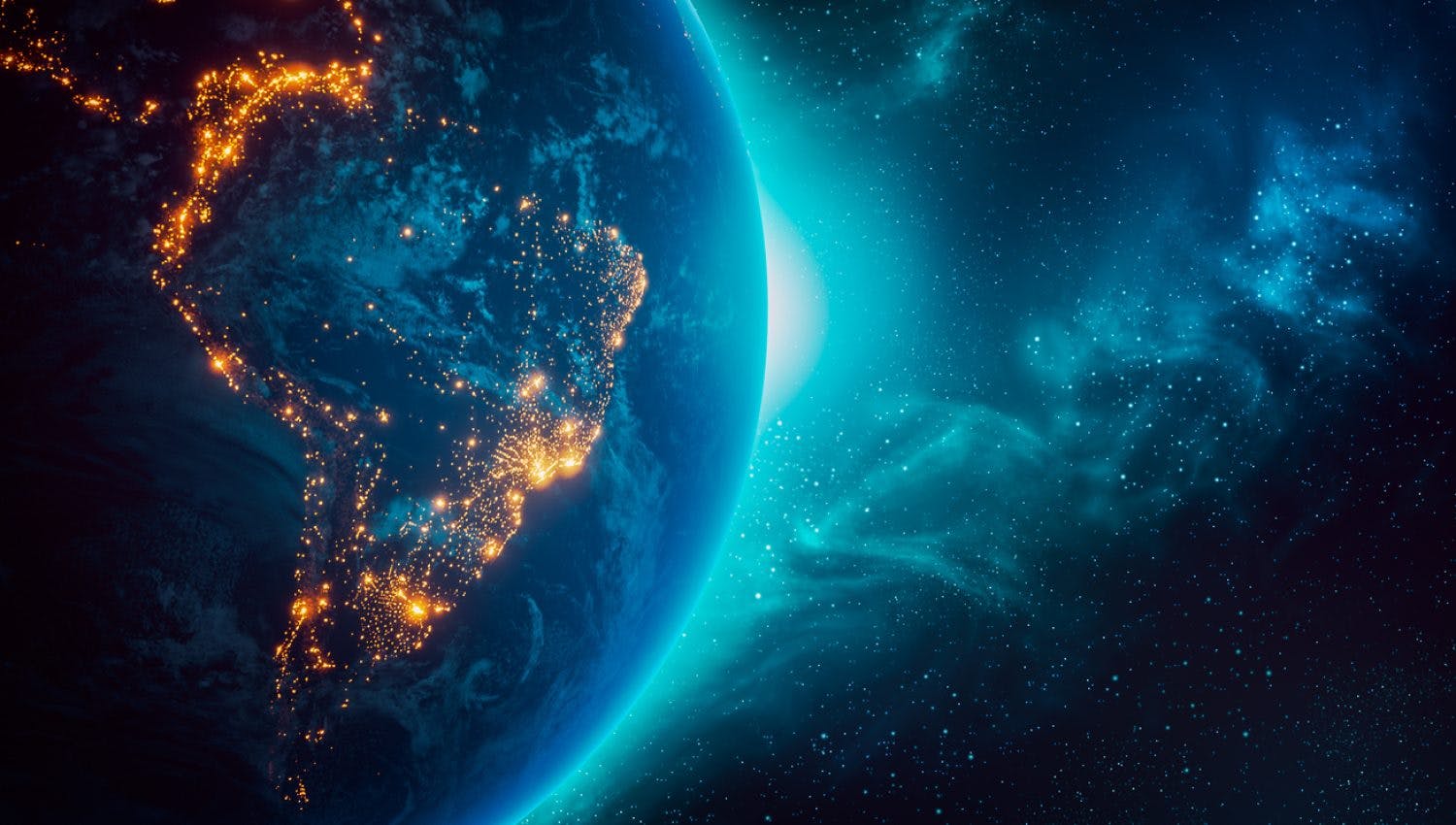 Image nocturne de l'Amérique du Sud éclairée, illustrant la connectivité du continent.