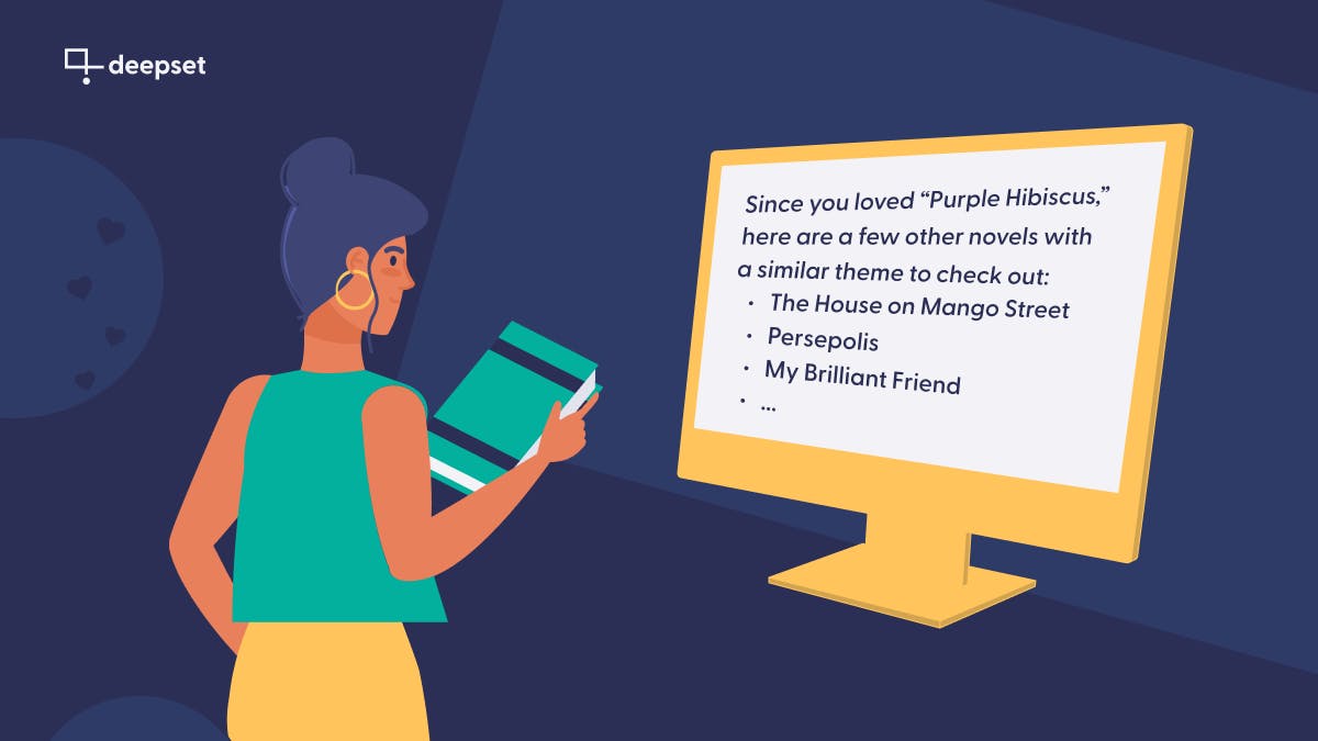 A person is standing in front of a screen, holding a book. On the screen it says: "Since you loved "Purple Hibiscus," here are a few other novels with a similar theme to check out: - The House on Mango Street, - Persepolis, - My Brilliant Friend, ..."