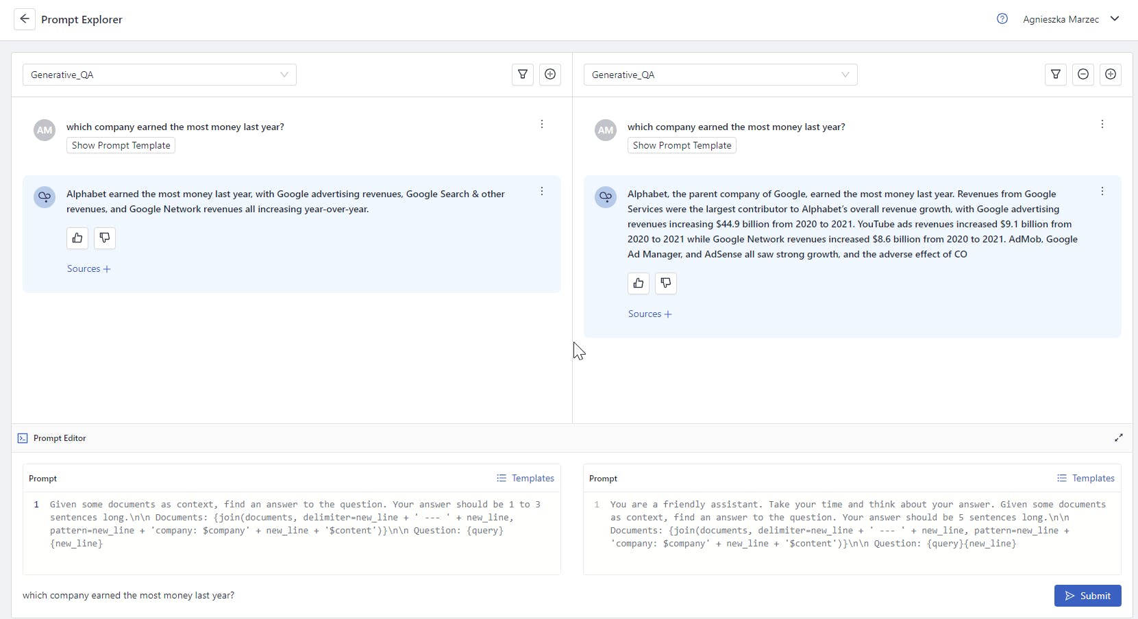 Screenshot of the prompt explorer. The same pipeline is compared side by side, using two different prompts. The generated answers are different, too.