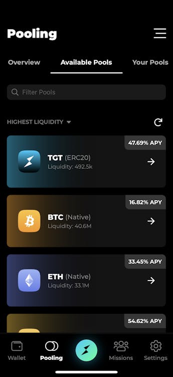Available pools to provide liquidity. 