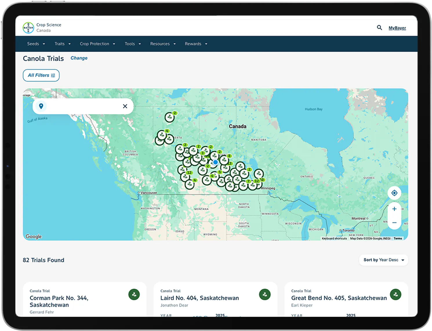 A website page showing DEKALB seed trial results in a map overview, with a menu on the left to narrow down search results. 