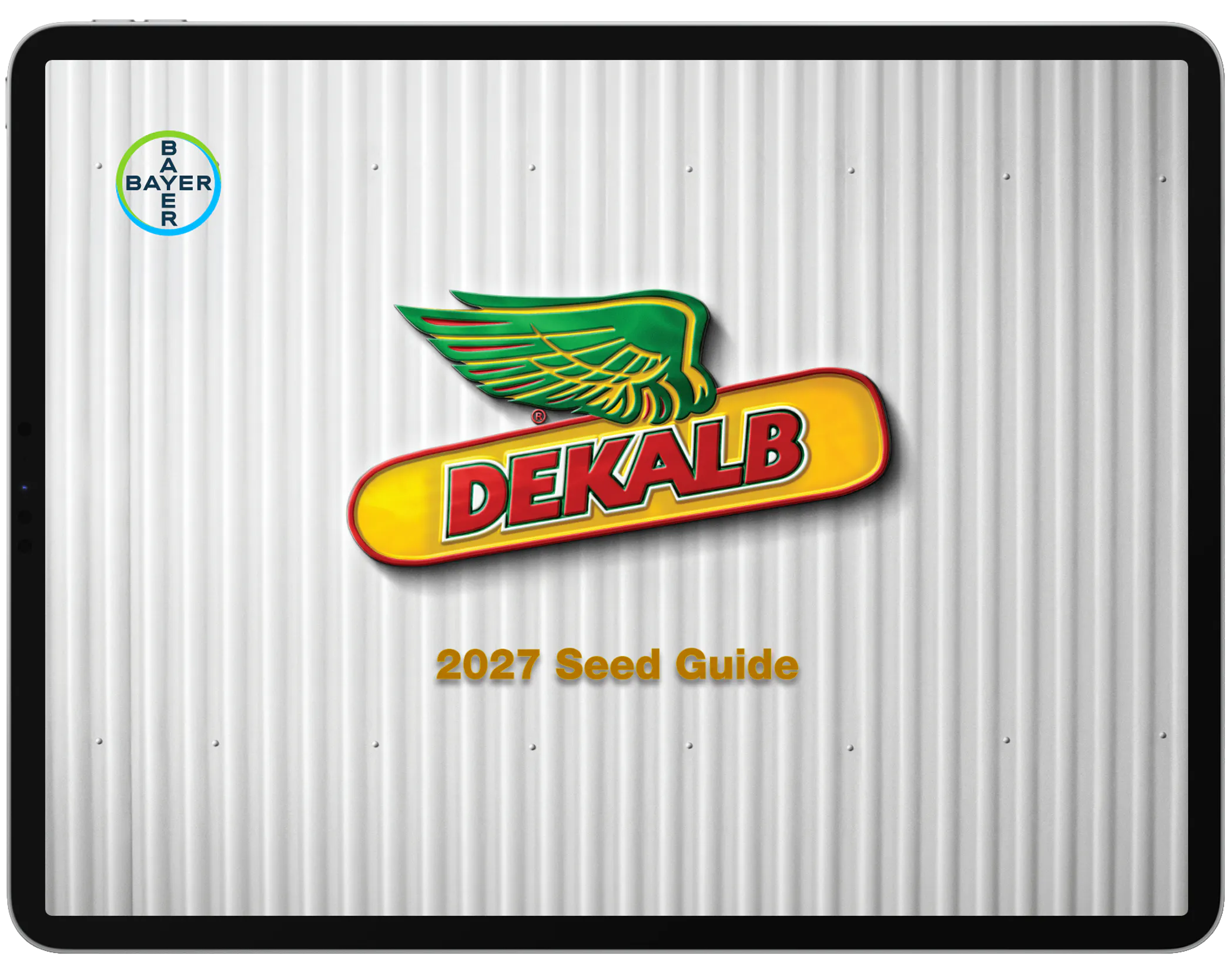 A logo that says the word DEKALB in bold red lettering within a yellow cylinder. Above the wording there is a green wing illustration.