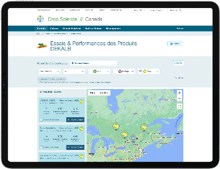 Une tablette présentant une carte thématique des résultats des essais. Un menu est affiché à gauche et des marqueurs de localisation sont placés sur la carte à droite.  