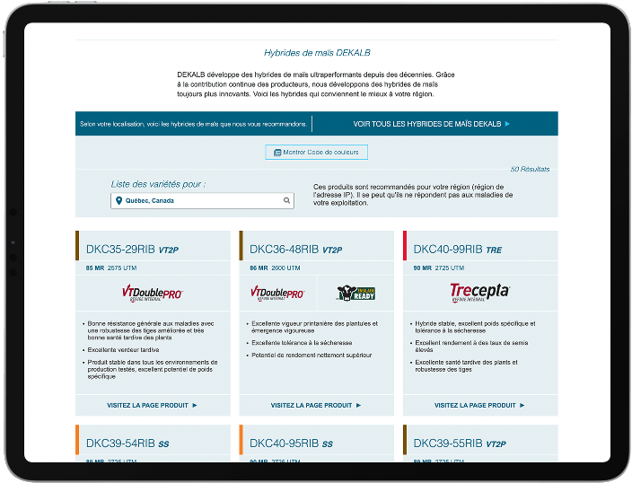 Un outil pour choisir les semences DEKALB adaptées aux conditions de l’entreprise. On aperçoit une liste des produits et des menus déroulants permettant de préciser la recherche.  