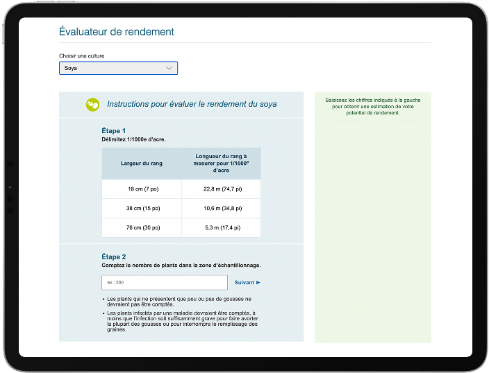 Un outil appelé Évaluateur de rendement permettant aux utilisateurs du site Web de sélectionner leur culture dans une liste déroulante. Les données apparaissent en dessous. 