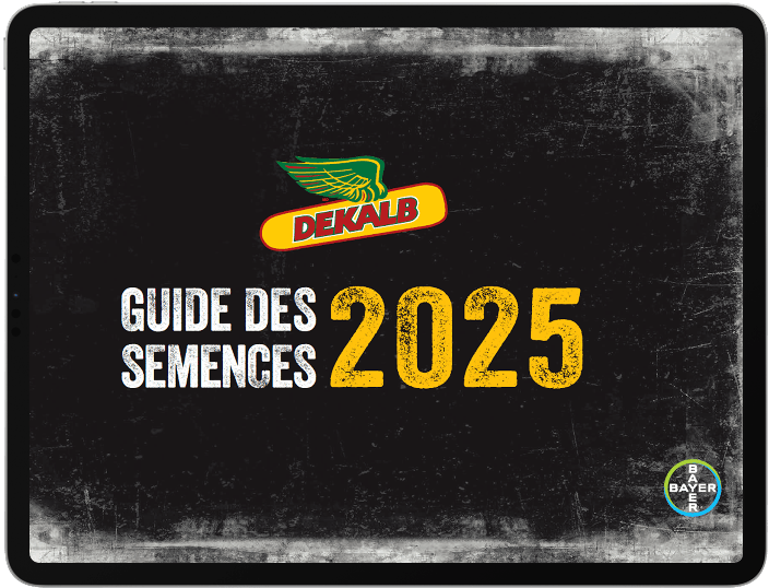 La mention « Guide des semences 2025 » en caractères gras jaunes et blancs. Le logo DEKALB est placé au-dessus du texte, sur fond noir.  