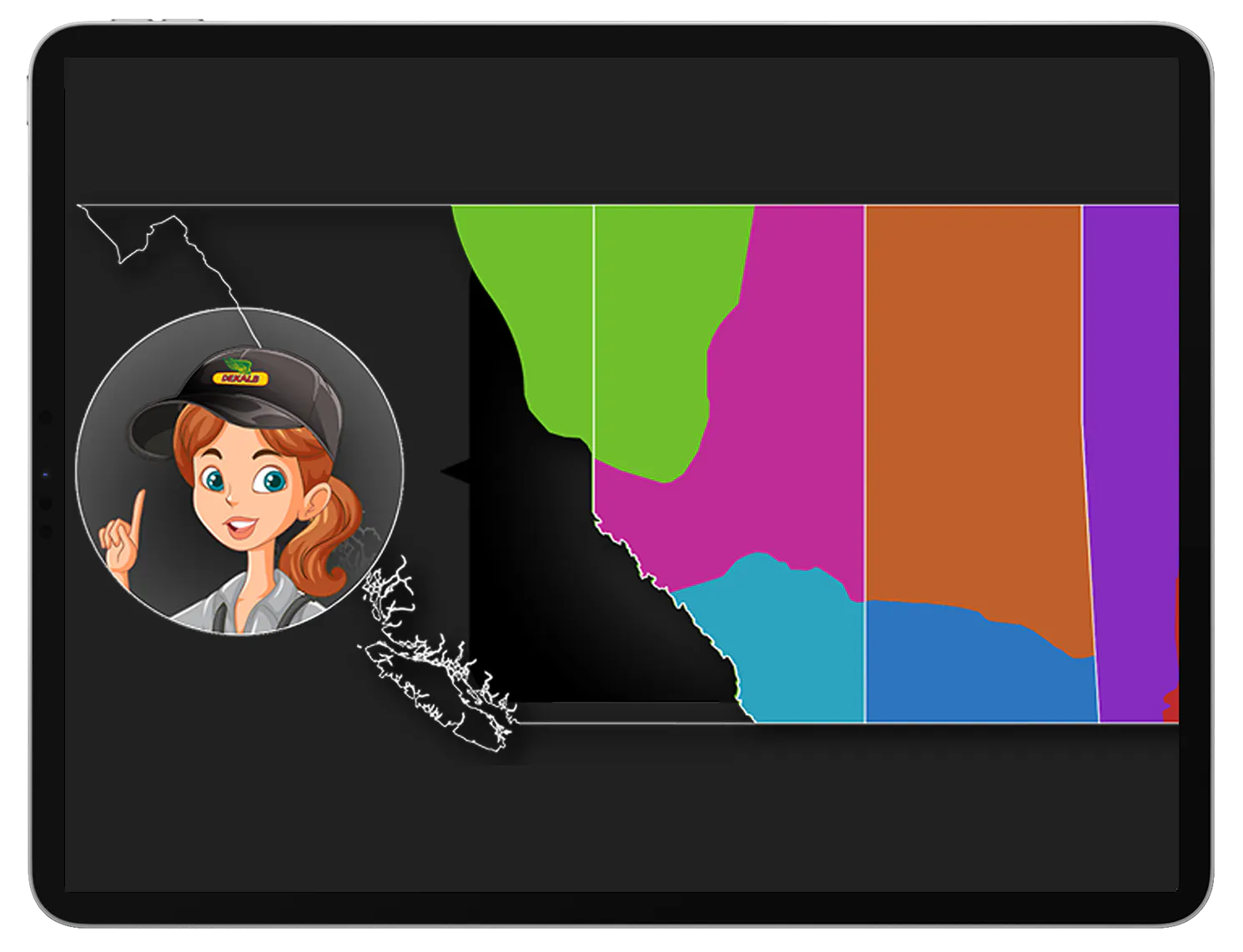 A tablet with a multicover map of Western Canada and a cartoon DEKALB Knowledge Agent.