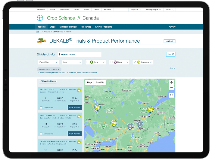 A tablet featuring a topical map of trial results data. There is a menu on the left, and location markers on the map on the right.