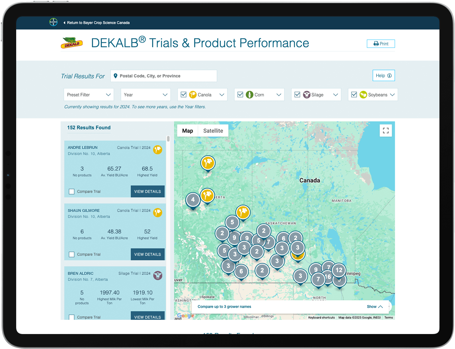 A website page showing DEKALB seed trial results in a map overview, with a menu on the left to narrow down search results. 