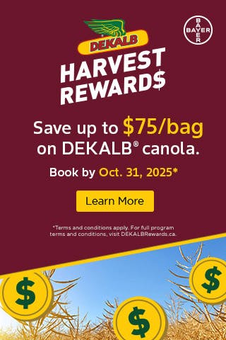 DEKALB Harvest Rewards program creative featuring the DEKALB and Bayer logos. Main text reads 'HARVEST REWARDS' and 'Save up to $75/bag on DEKALB canola. Book by Oct. 31, 2025'. A yellow 'Learn More' button is displayed below. The background includes dollar signs on green circles over canola plants under a blue sky. Small print at the bottom mentions terms and conditions and directs viewers to DEKALBrewards.ca for full details.