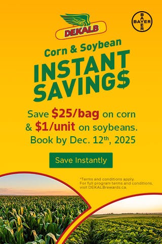 DEKALB Corn & Soybean Instant Savings program creative featuring the DEKALB and Bayer logos. Main text reads 'Corn & Soybean INSTANT SAVINGS' and 'Save $25/bag on corn & $1/unit on soybeans. Book by Dec. 12th, 2025.' A green 'Save Instantly' button is displayed below. The background includes images of corn and soybean fields. Small print at the bottom notes that terms and conditions apply and directs viewers to DEKALB.Brewards.ca for full program details.