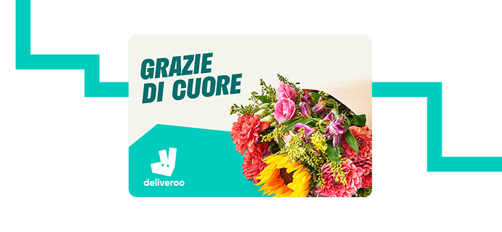 Scatola regalo marrone con nastro blu e testo « Un piccolo pensiero per te » con il logo Deliveroo.
