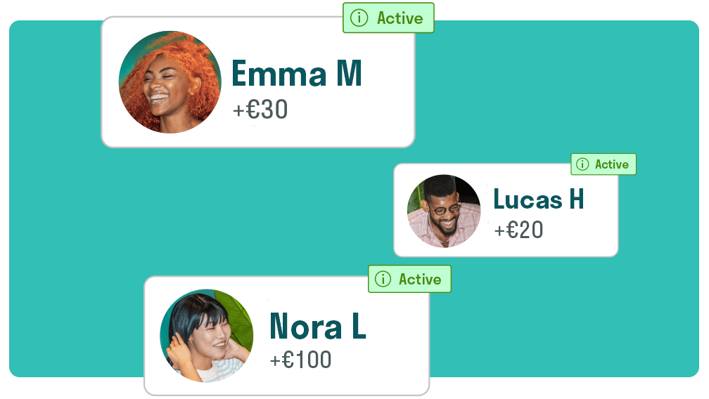 Gebruikersinterface van Deliveroo for Work met de actieve maaltijdtegoeden voor Jessica T (£35), Bianca K (£25) en Julian F (£20).