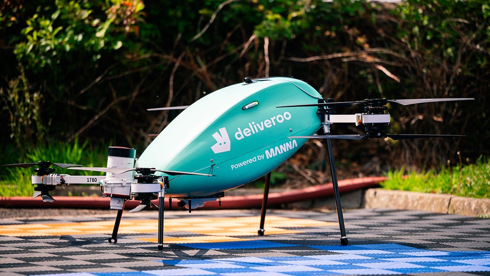 A drone delivering orders for Deliveroo