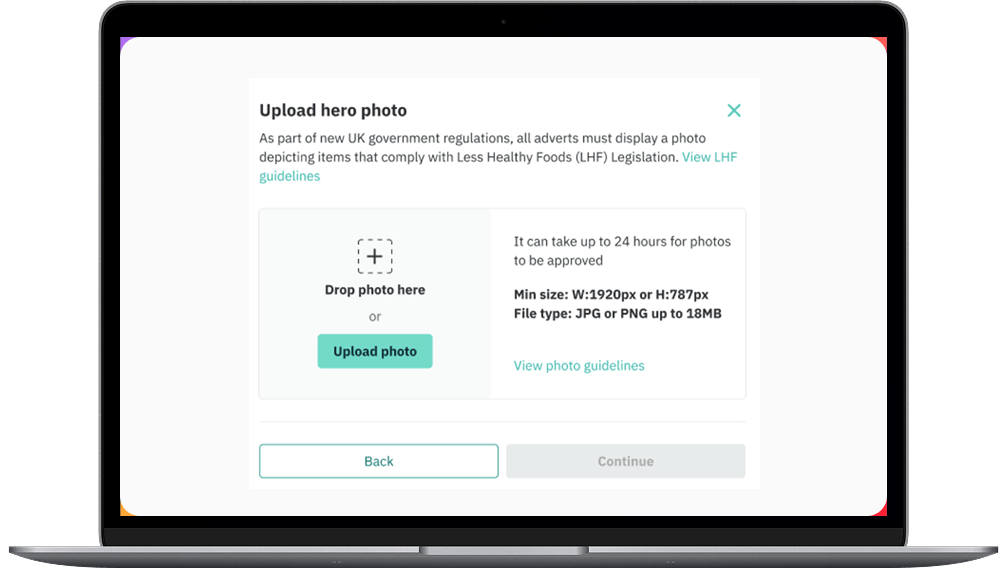 Screenshot of the Deliveroo Partner Hub ‘Upload hero photo’ window, showing requirements for Less Healthy Foods (LHF) compliance. The interface allows users to drag or upload a photo, view guidelines, and see upload specifications and approval timelines