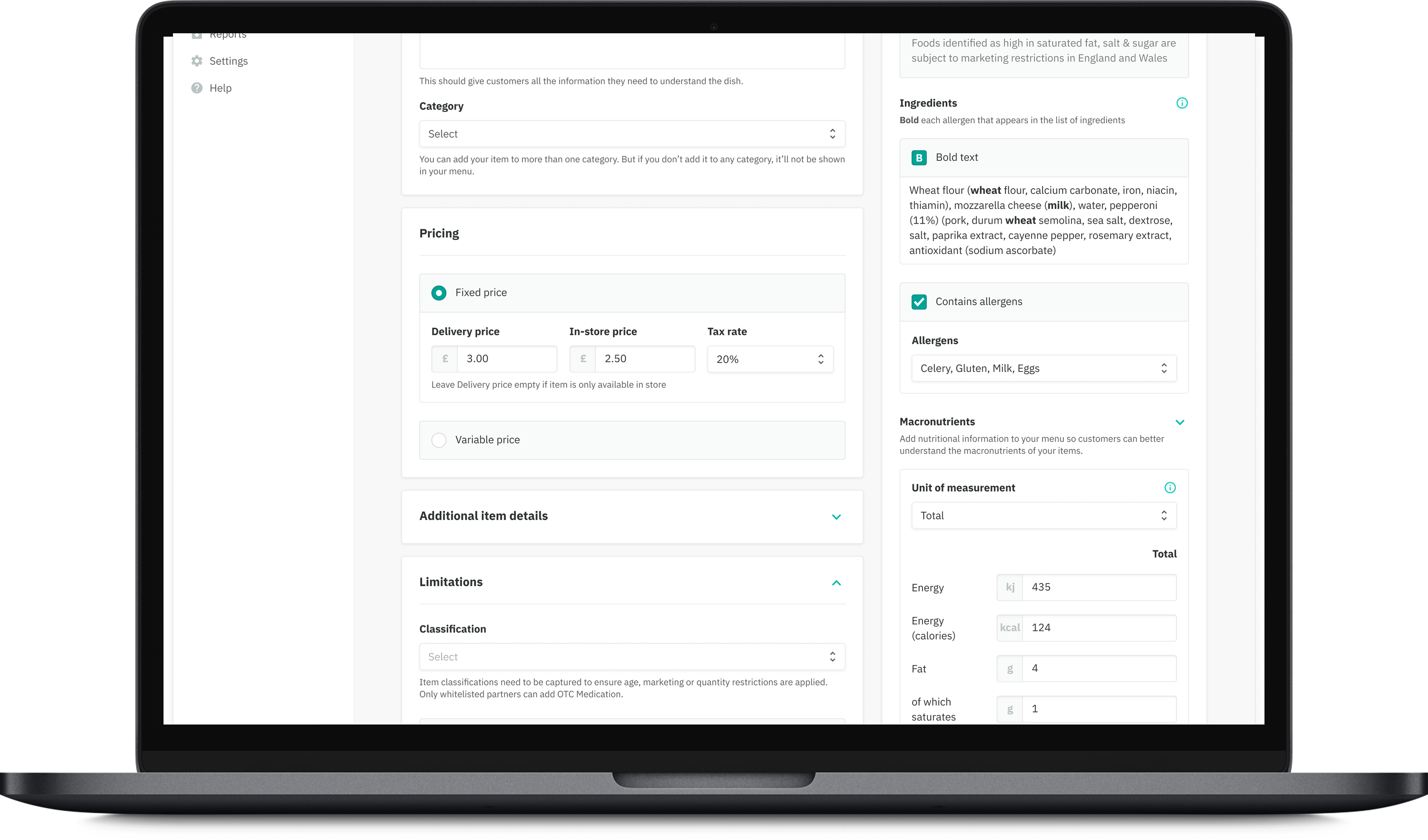 Close-up of the Deliveroo Partner Hub item setup page highlighting ingredients, allergen selection and a macronutrients panel.