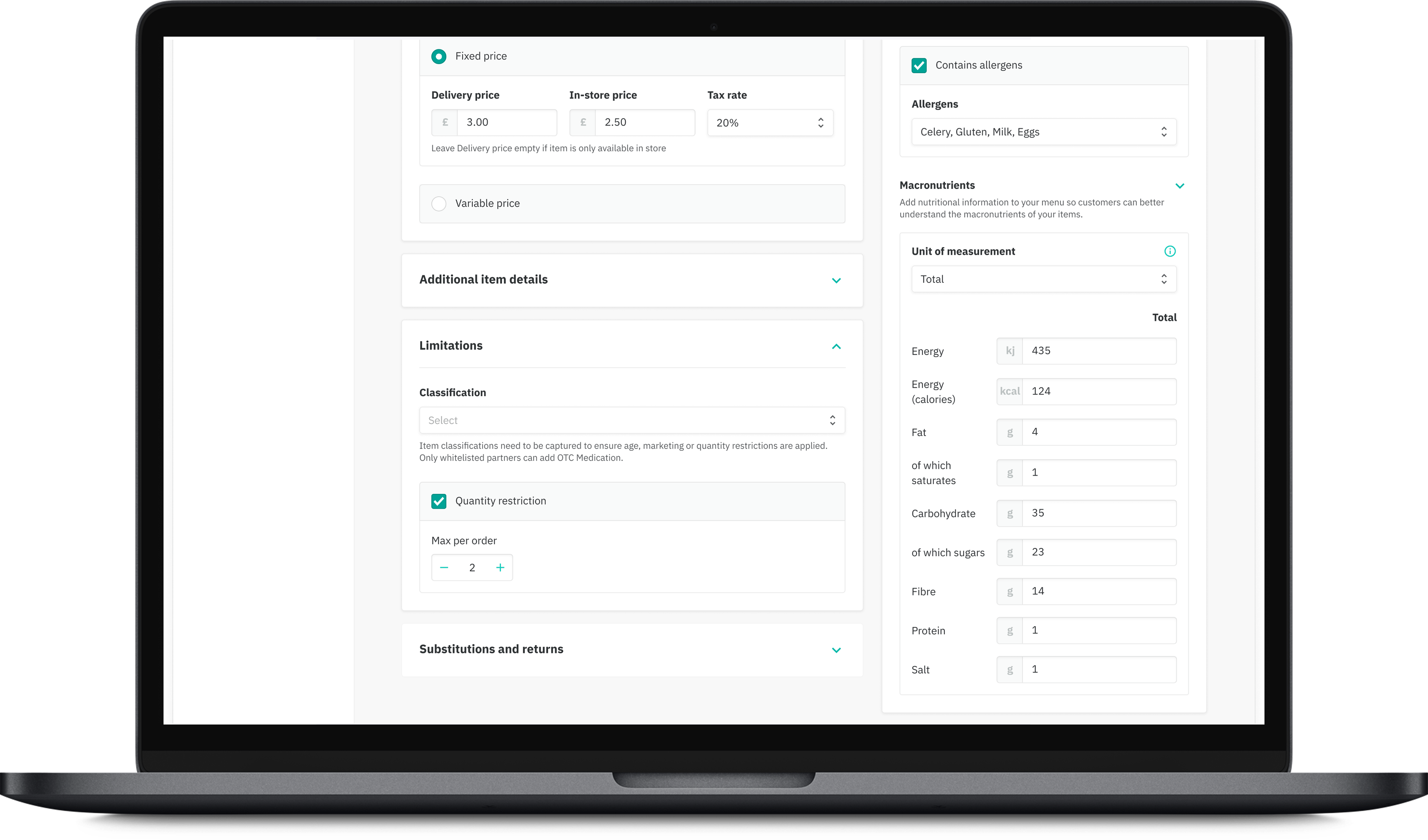 Lower section of the Partner Hub “Add a food item” page showing quantity restrictions (max per order), item classification, substitutions and returns section, and detailed macronutrient inputs.