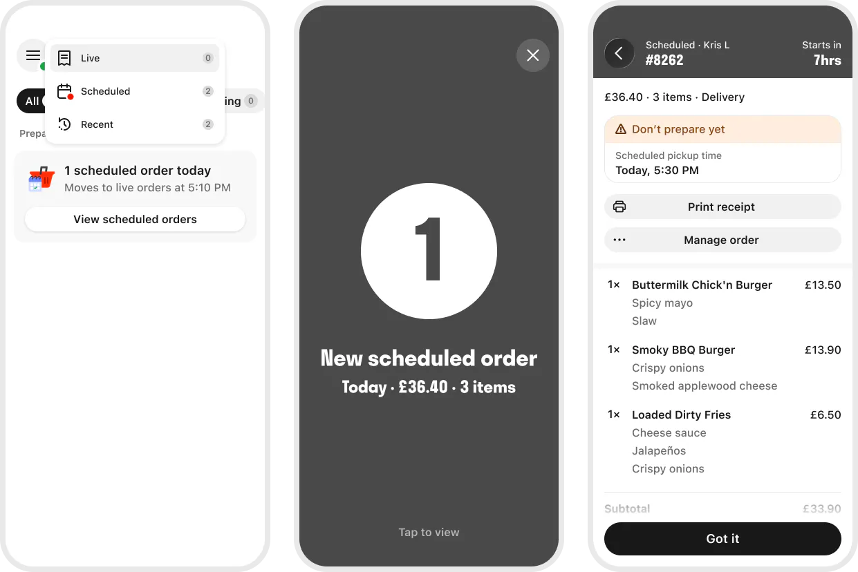 Scheduled Orders experience on Order Manager app 