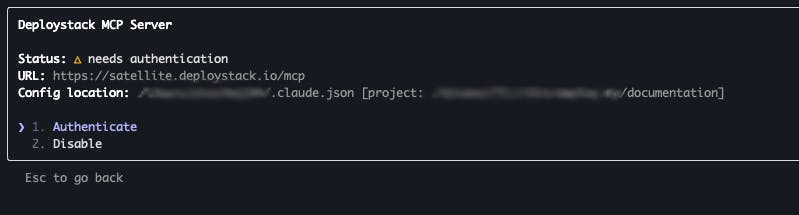 Enter DeployStack MCP Server with /mcp command