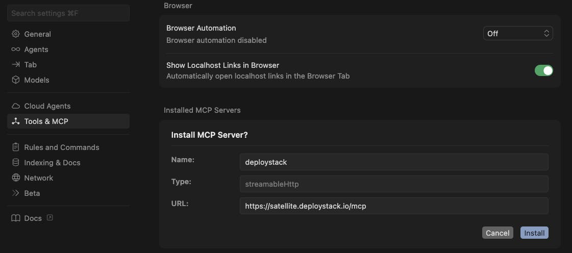 Cursor MCP server configuration dialog with "deploystack" entered as the name and "https://satellite.deploystack.io/mcp" as the URL, showing an Install button