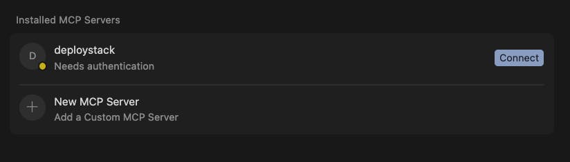 Cursor MCP servers list showing the DeployStack server with a "Connect" button highlighted on the right side