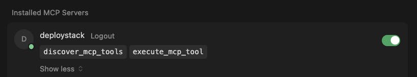 Cursor MCP servers list showing DeployStack connected with two available tools: discover_mcp_tools and execute_mcp_tool