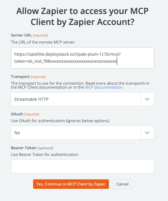 Zapier Add MCP Connection DeployStack