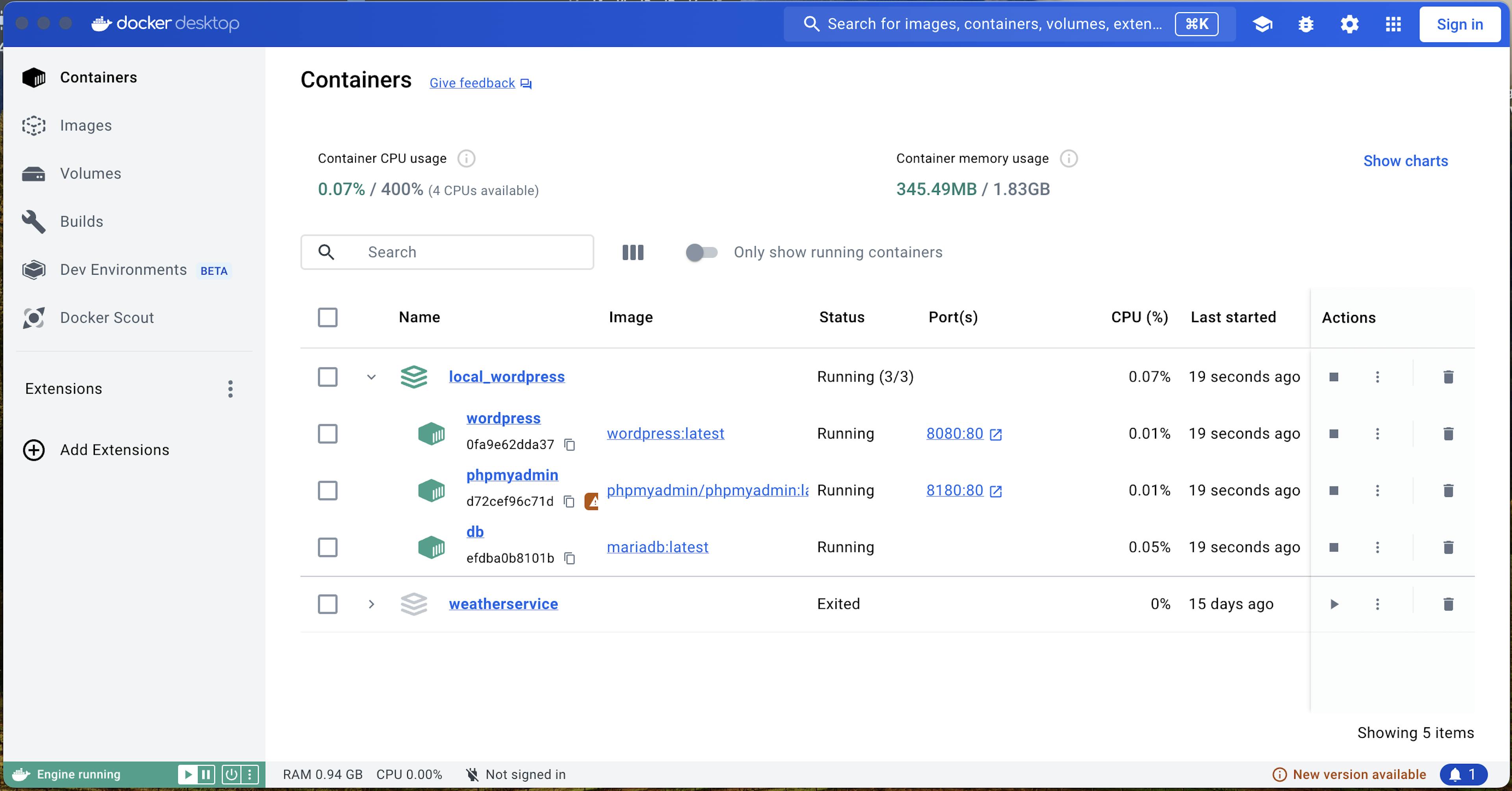 Docker WordPress container running in Docker Desktop