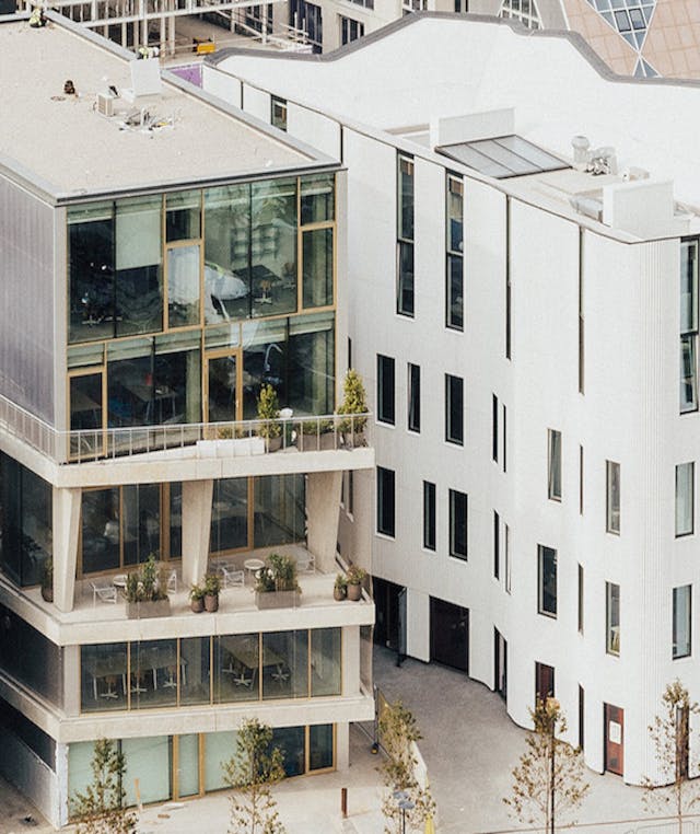Birds eye view of two unique buildings in Design District