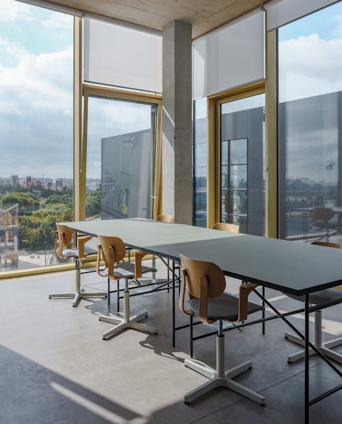 Image of a desk in a bright, spacious office