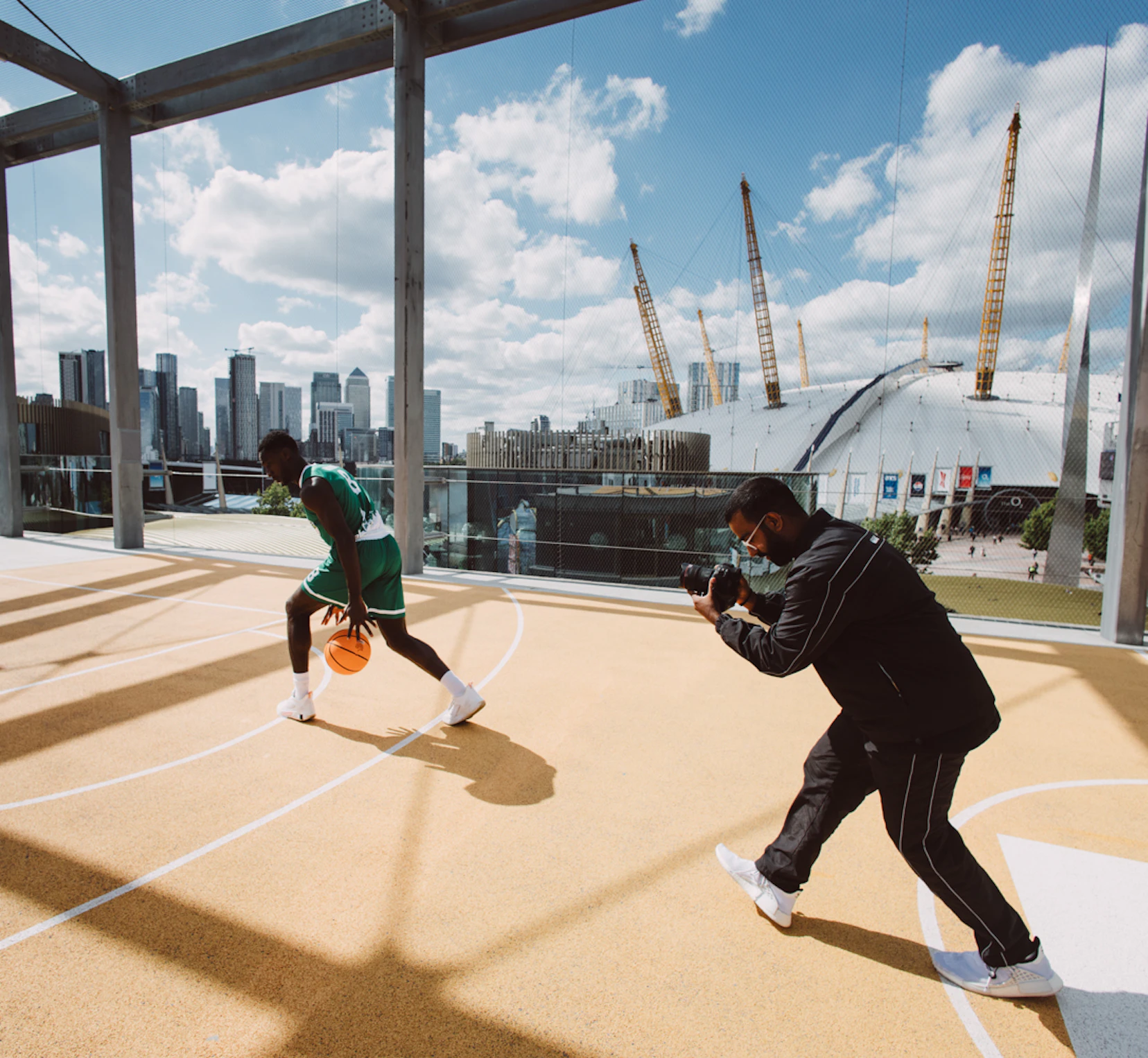 Photoshoot at a rooftop basketball court in London