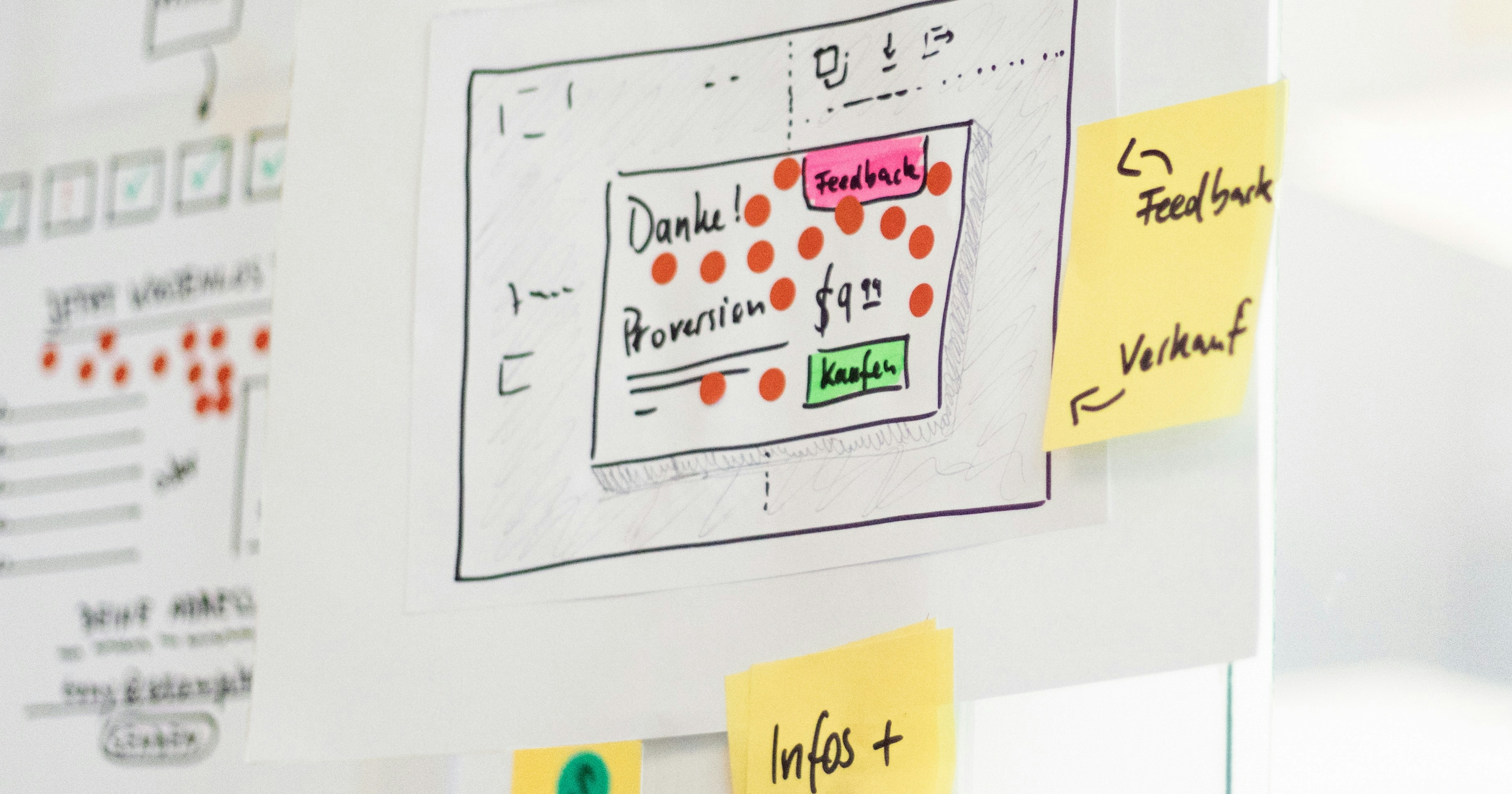 An example of drawn schematics and post it notes on a wall