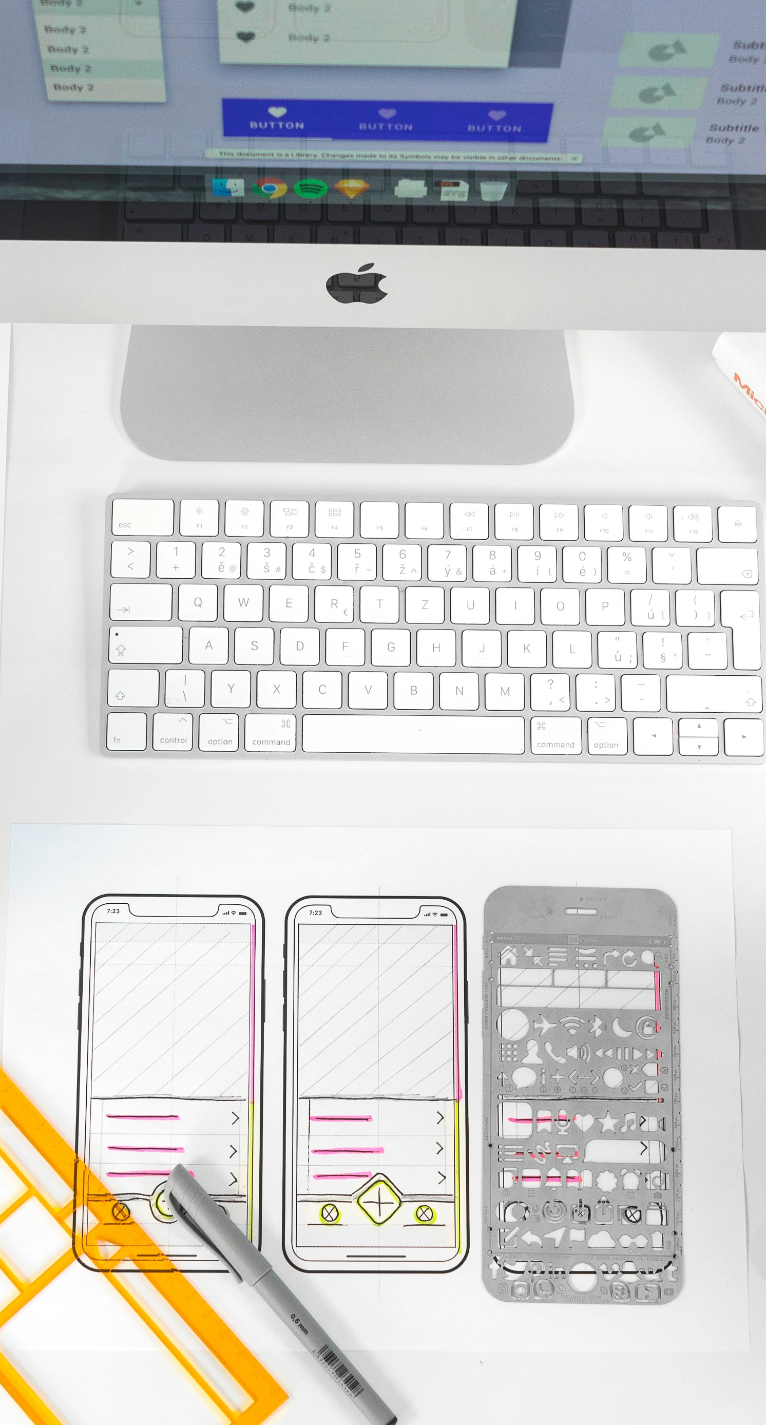An image of an office desk with an Apple iMac with multiple items on it